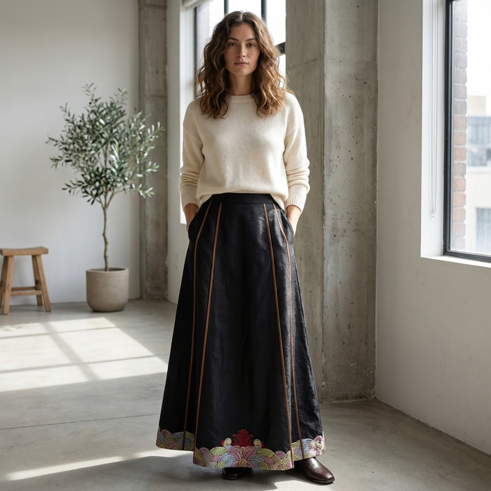 Black Xiangyunsha Silk Mamian Skirt | Embroidered Chinese Ma Mian Qun - Luxe Orienta CO., LIMITED