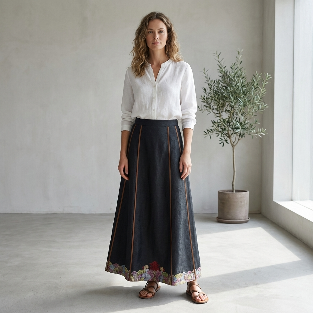 Black Xiangyunsha Silk Mamian Skirt | Embroidered Chinese Ma Mian Qun - Luxe Orienta CO., LIMITED