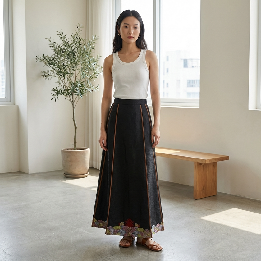 Black Xiangyunsha Silk Mamian Skirt | Embroidered Chinese Ma Mian Qun - Luxe Orienta CO., LIMITED