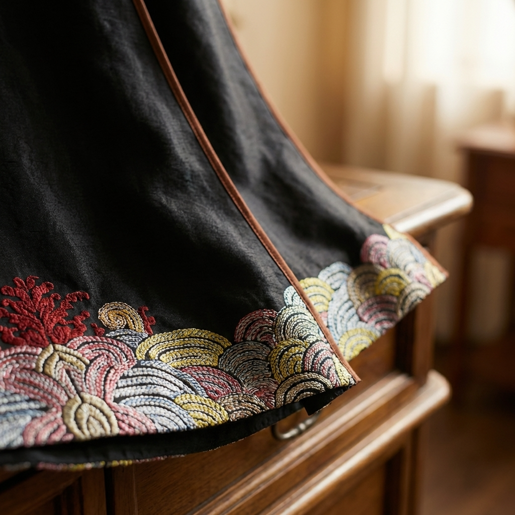 Black Xiangyunsha Silk Mamian Skirt embroider detail close-up