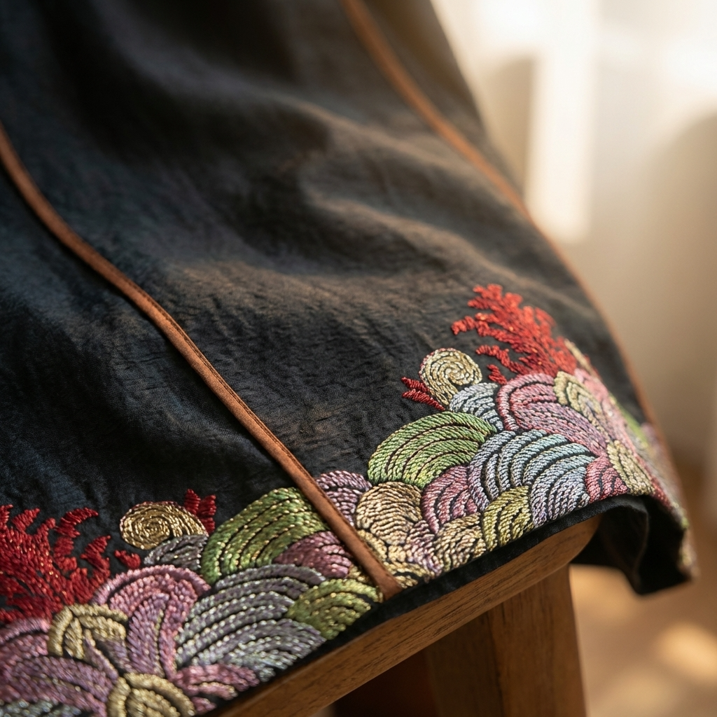 Black Xiangyunsha Silk Mamian Skirt  close up