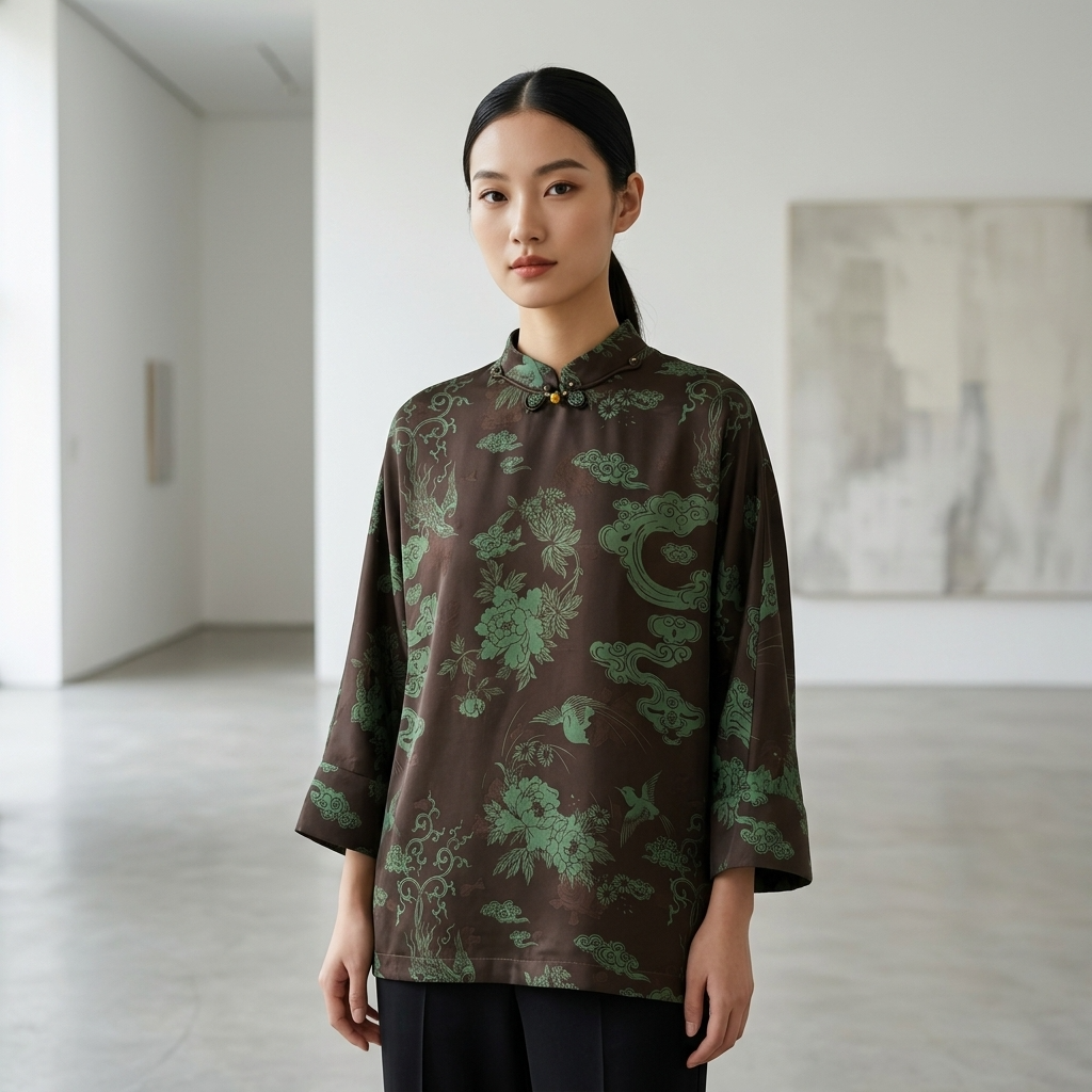 Model waering the Brown Mulberry Silk Phoenix Peony Blouse from Luxe Orienta 