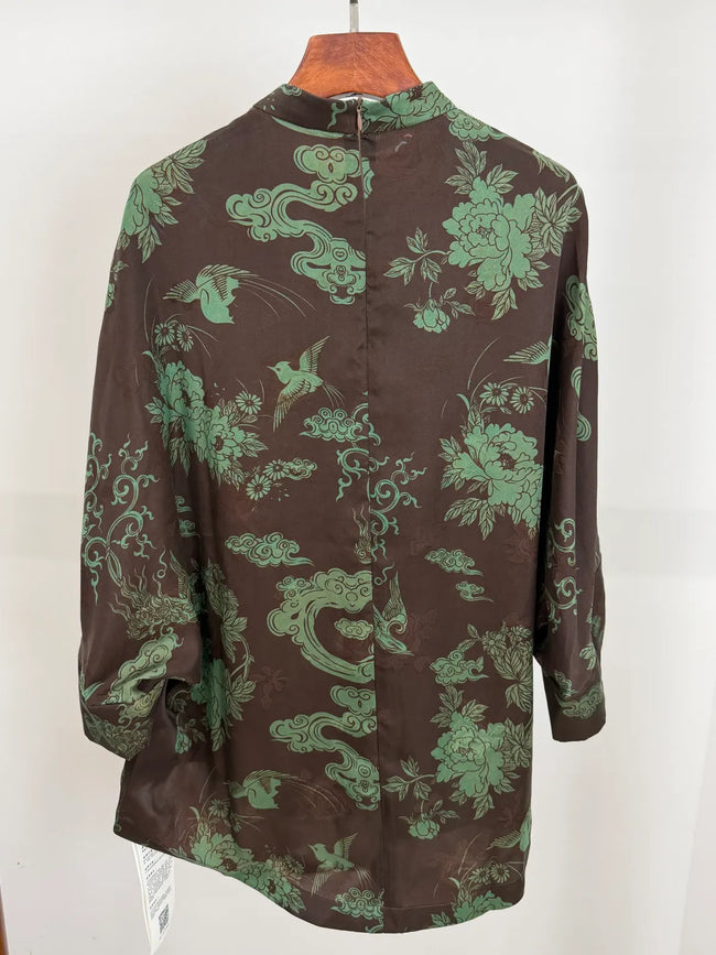 Back View of the Brown Mulberry Silk Phoenix Peony Blouse Oriental Top - Luxe Orienta 