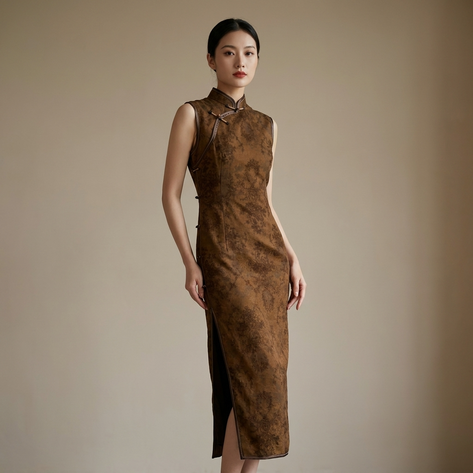Vintage Brown Xiangyunsha Sleeveless Qipao Dress by LUXE ORIENTA
