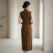 Vintage Brown Xiangyunsha Sleeveless Qipao Dress by LUXE ORIENTA 4