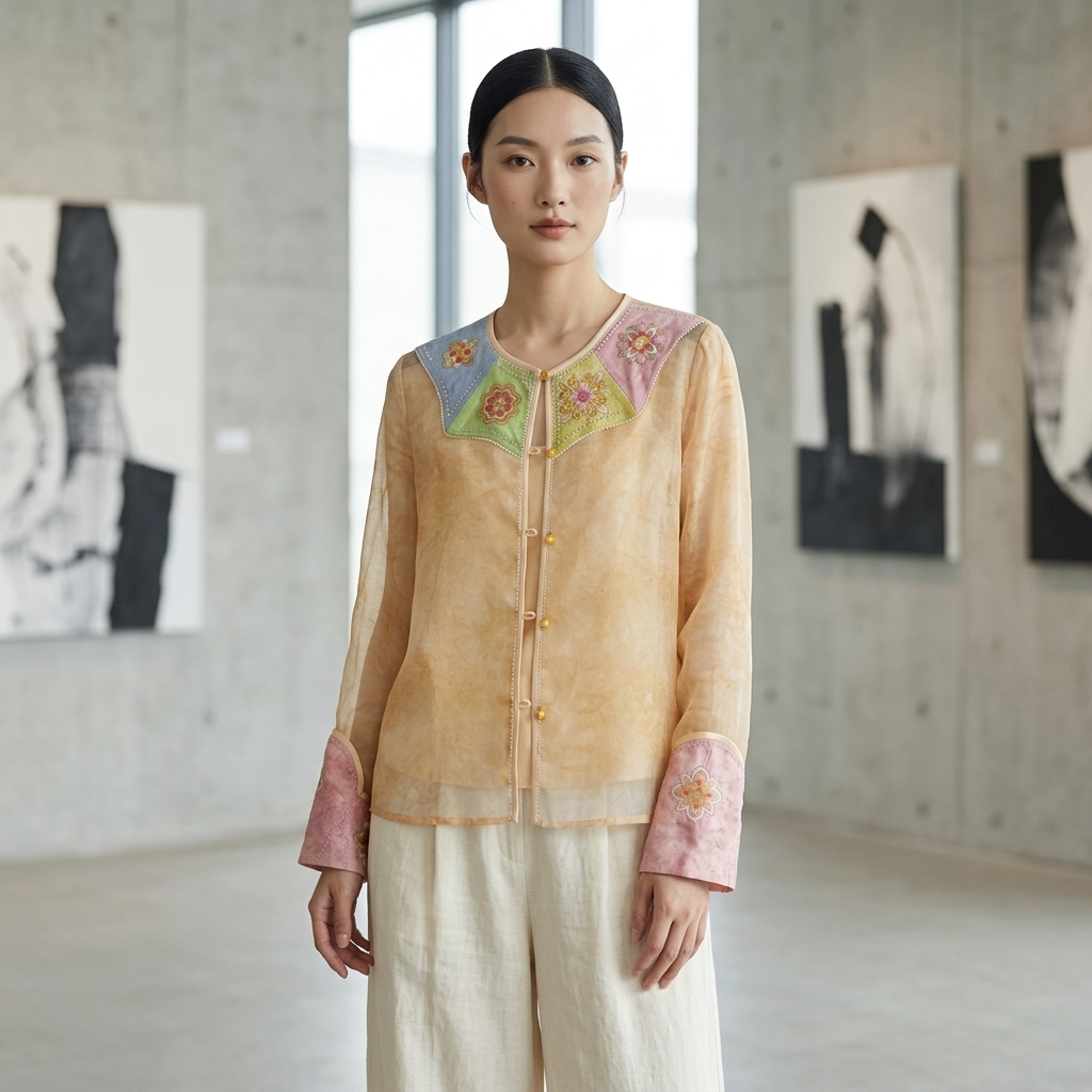 Beige Soft Floral Embroidery Mulberry Silk Shirt — LUXE ORIENTA Luxury Clothing For Women - Luxe Orienta CO., LIMITED
