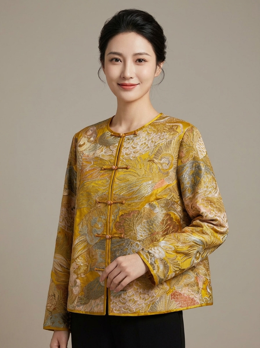 Yellow Phoenix Brocade Silk Jacket | Modern Chinese Style - Luxe Orienta CO., LIMITED