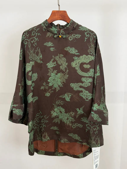 Front View of Brown Mulberry Silk Top Phoenix  Motif Blouse - Luxe Orienta 