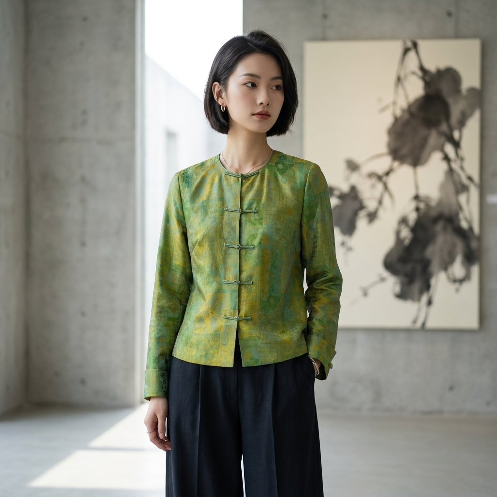 Green Mulberry Silk Satin Jacquard Blouse with Frog Buttons-Luxe Orienta