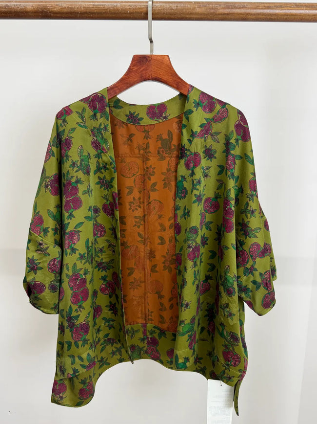 Green Xiangyunsha Silk Cardigan with Pomegranate Print Front Overview-LUXE Orienta
