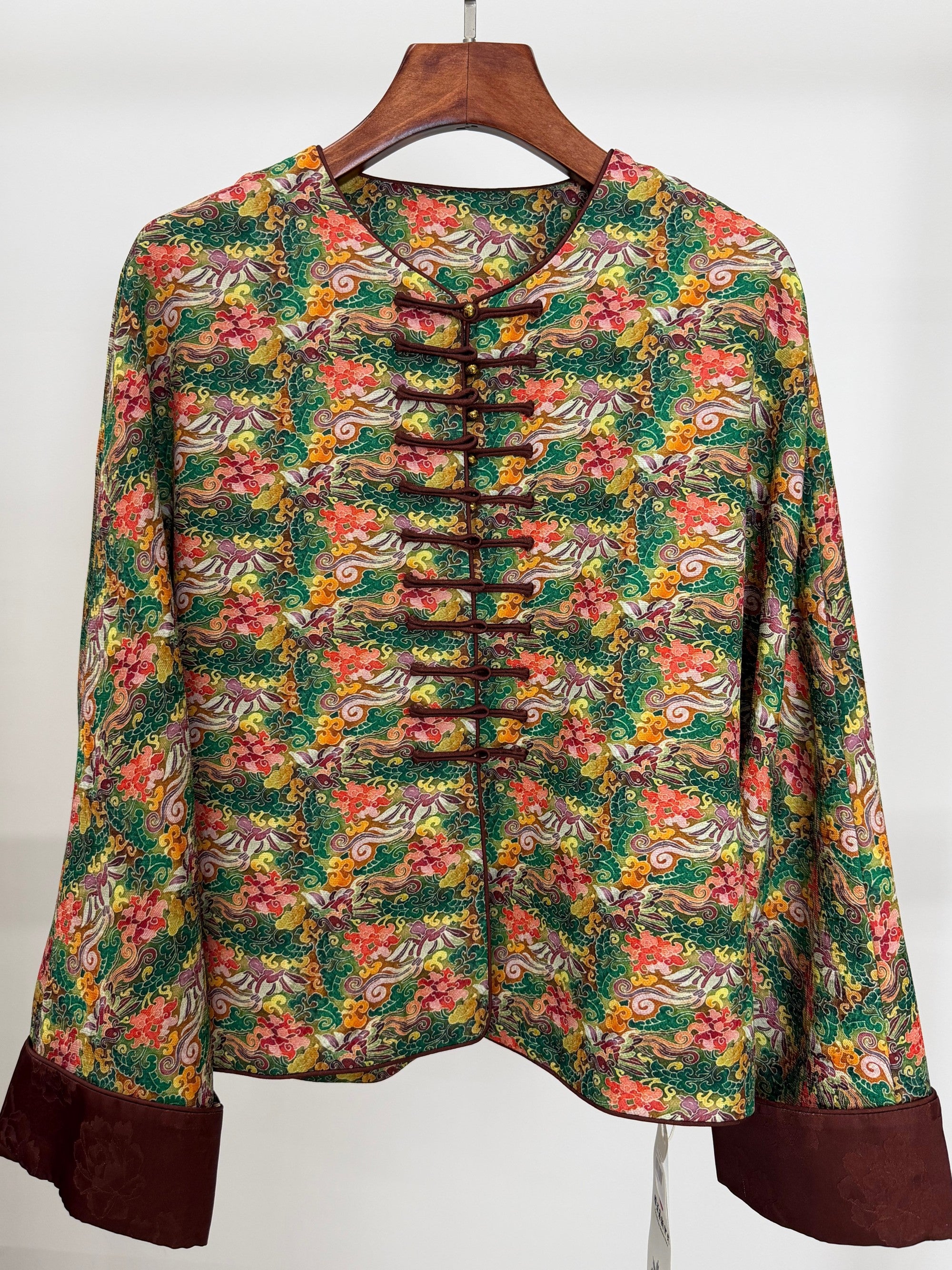 green phoenix embroidered mulberry silk jacket front side 
