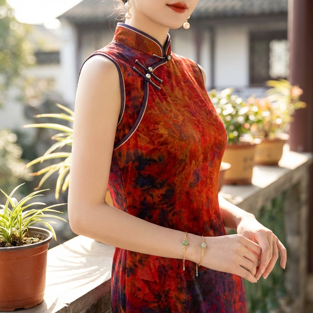 Woman wearing a traditional red and purple qipao dress -Luxe Orienta