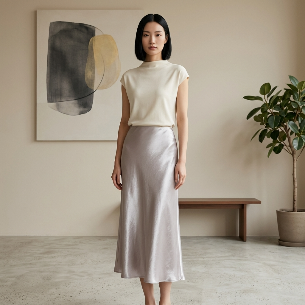 Model weraing lavender Satin Midi Skirt LUXE ORIENTA