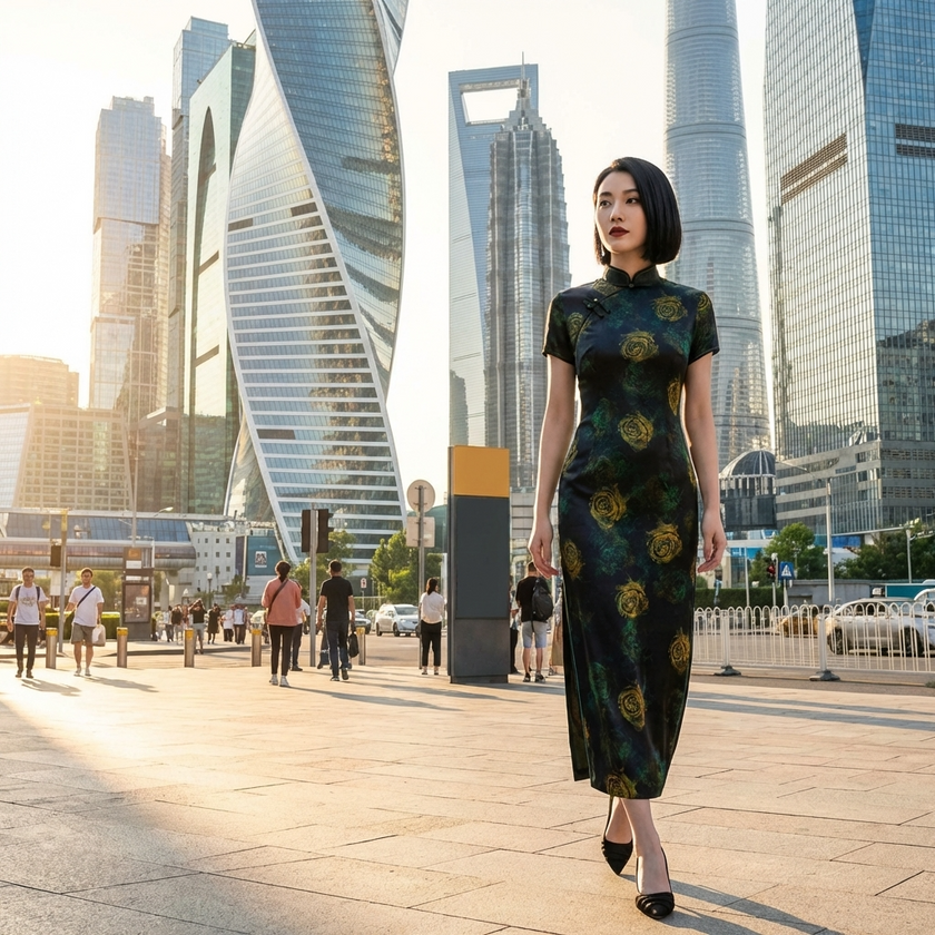 Lady in the Mulberry Silk Xiangyunsha Qipao walking in the urban street-Luxe Orienta