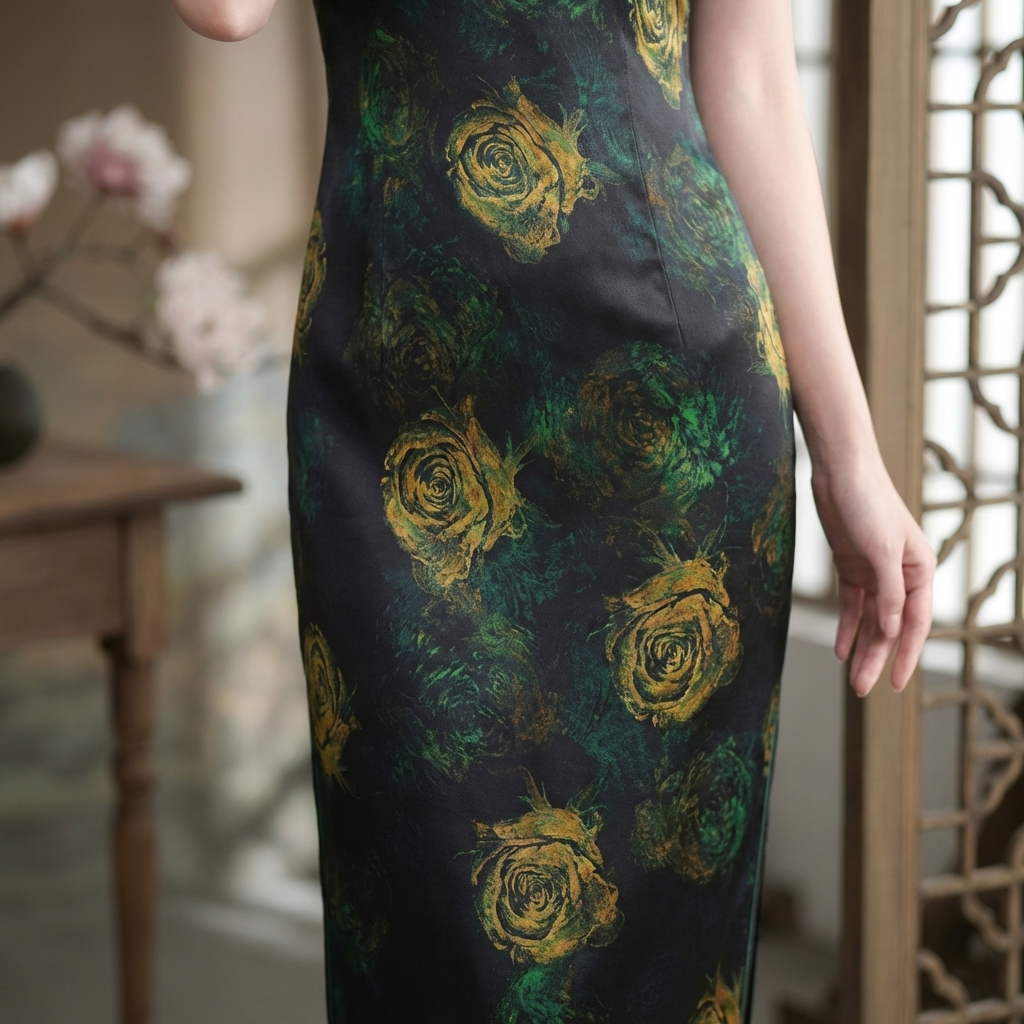 Fabric Details of the 100% Mulberry Silk Xiangyunsha Black Gold Rose Short Sleeve Qipao Dress | LUXE ORIENTA