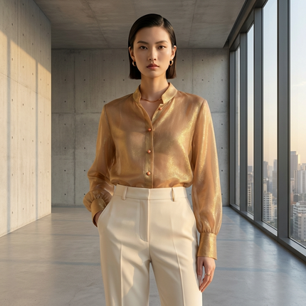 Woman wearing a gold mulberry silk blouse and white pants in a modern interior setting with large windows.