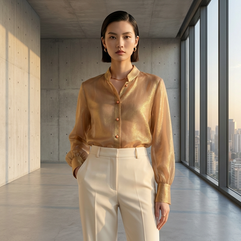 Woman wearing a gold mulberry silk blouse and white pants in a modern interior setting with large windows.