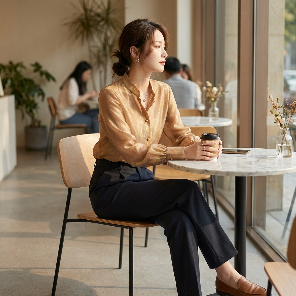 Woman sitting at a cafe table wearing a gold jacquard silk blouse