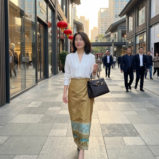 Woman walking on a city street stying with the white blouse and gold jacquard ma mian skirt