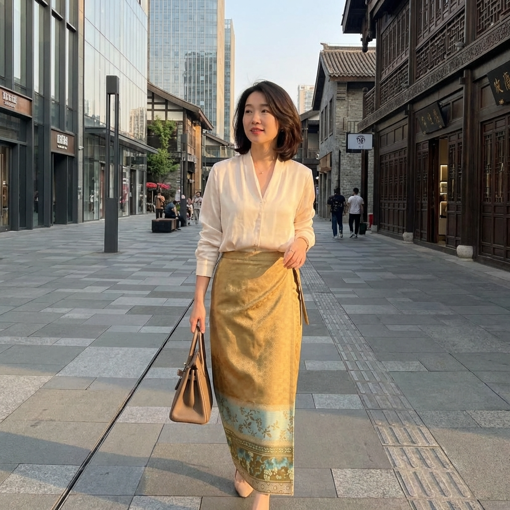 Woman walking on a city street wearing a white blouse and gold mamian skirt