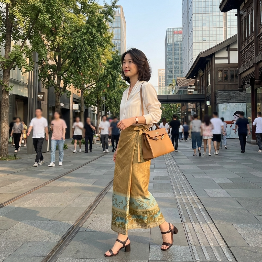Woman in a gold xiangyunsha skirt walking on a city street with modern buildings and trees in the background