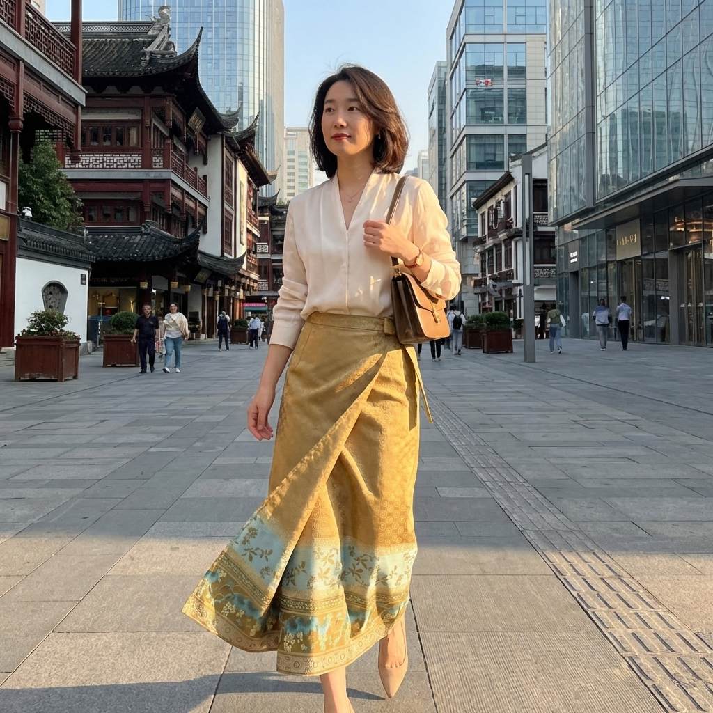 Woman in a yellow horse-face skirt and white blouse standing in an urban setting with traditional and modern architecture.