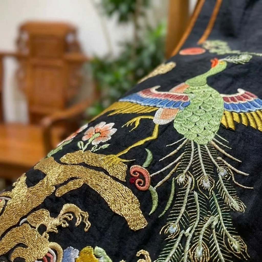 close up of the Embroidered fabric with peacock design