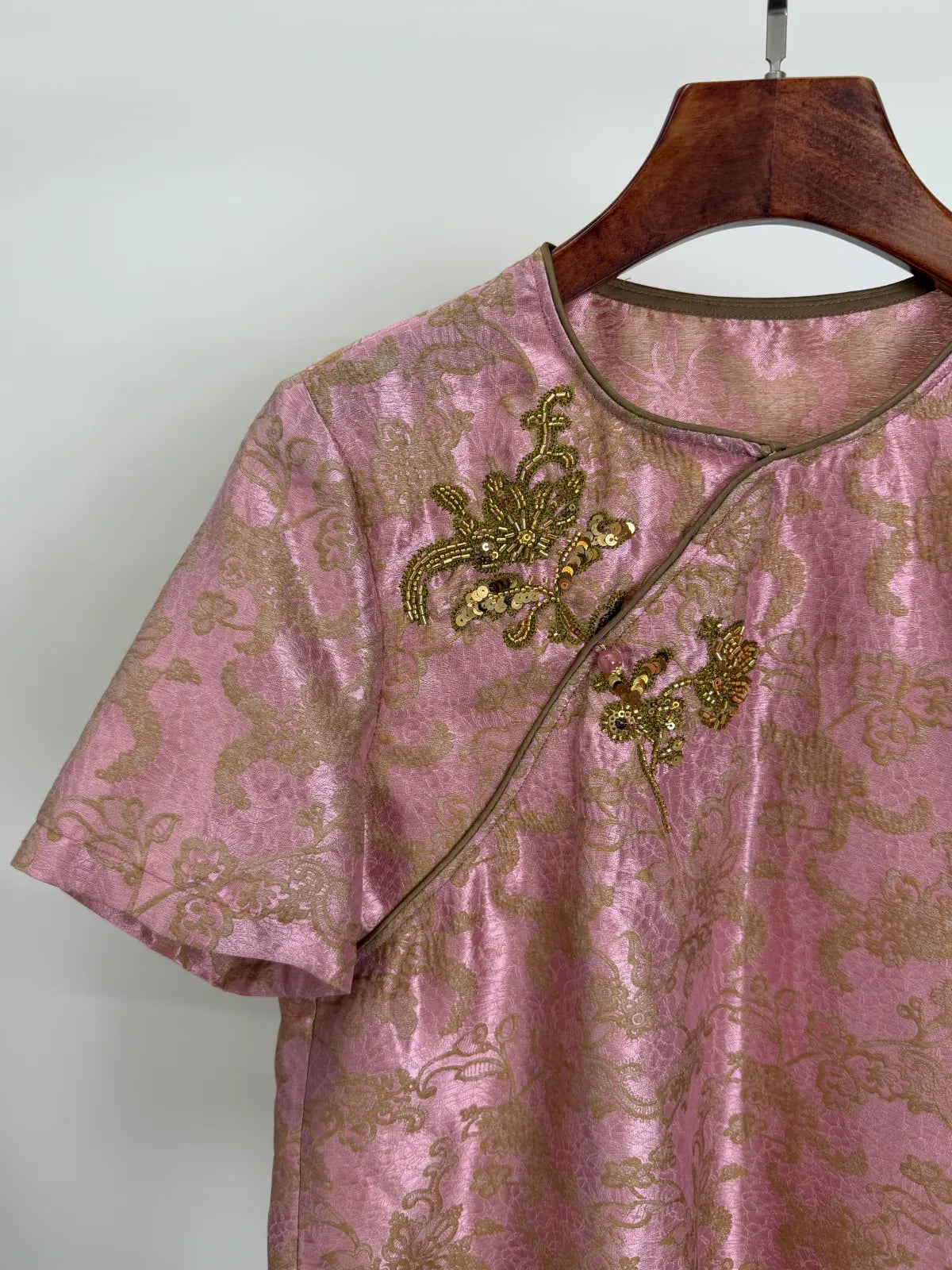 Pink Acetate Jacquard Embroidered Chinese Blouse Beading Embroidered Detail | Luxe Orienta