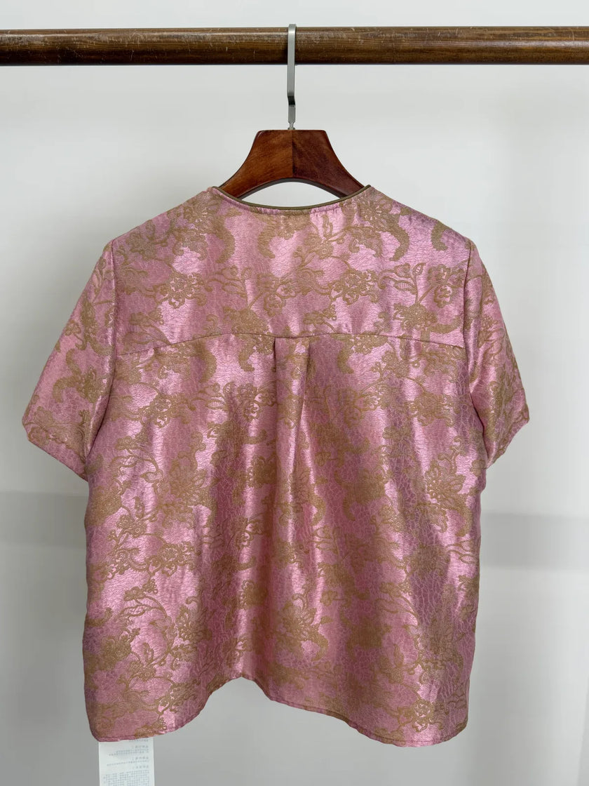Pink Acetate Jacquard Blouse Back View-Luxe Orienta
