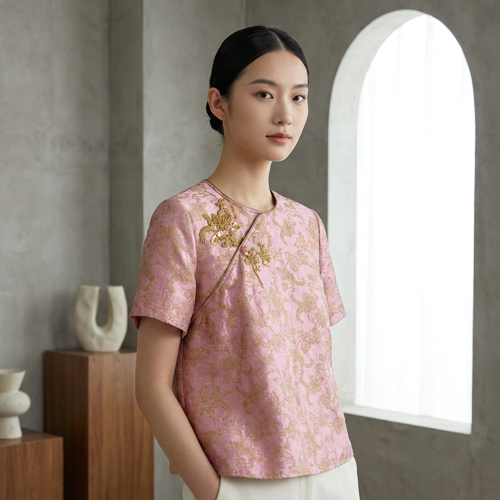 Acetate Jacquard Embroidered Chinese Blouse Model Display Luxe Orienta 