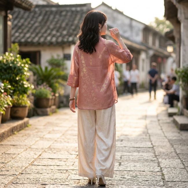 lady in pink jacquard mulberry silk brocade blouse  back view -luxe orienta