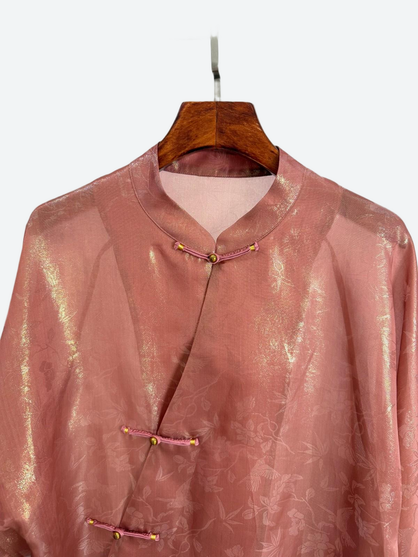 pink jacquard mulberry silk brocade blouse collar detail -luxe orienta