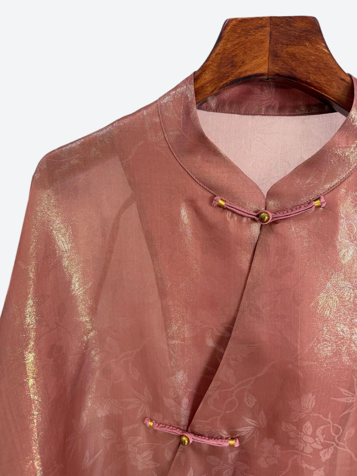 pink jacquard mulberry silk brocade blouse frog-buttons details -luxe orienta