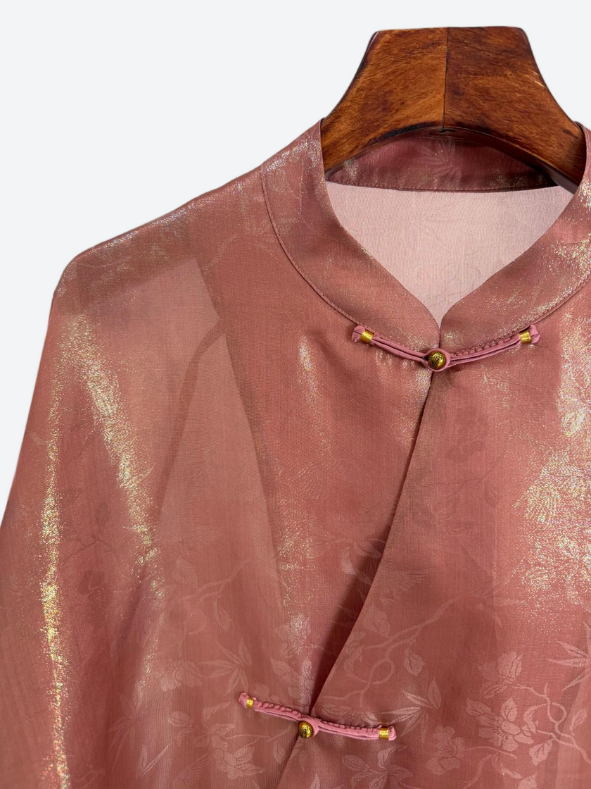 pink jacquard mulberry silk brocade blouse frog-buttons details -luxe orienta