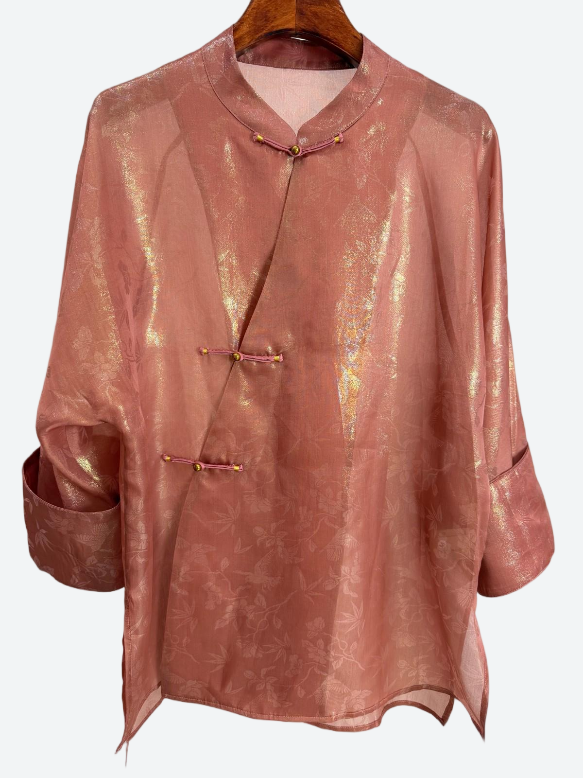 pink jacquard mulberry silk brocade blouse front -luxe orienta