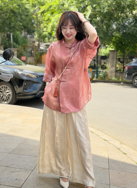 lady in pink jacquard mulberry silk brocade blouse front view-luxe orienta