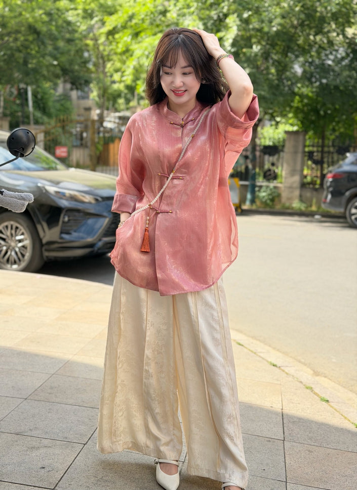 lady in pink jacquard mulberry silk brocade blouse front view-luxe orienta