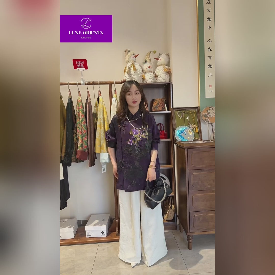Purple Mulberry Silk Xiangyunsha Bamboo Printed & Peony Beaded Cheongsam Blouse