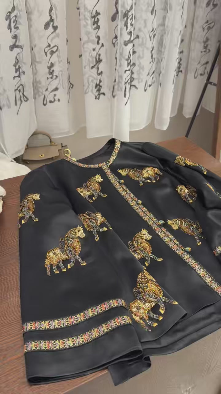 Golden Horse Embroidered Oriental Top | Modern Chinese Silk Blouse with Geometric Trim