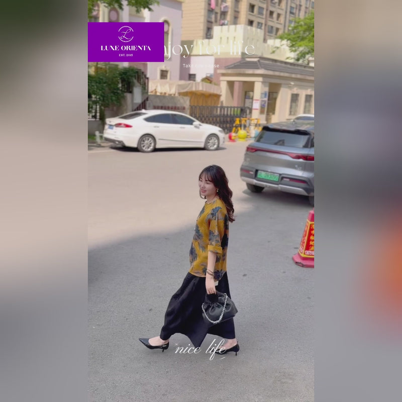 Yellow Peony Print Xiangyunsha Blouse from Luxe Orienta