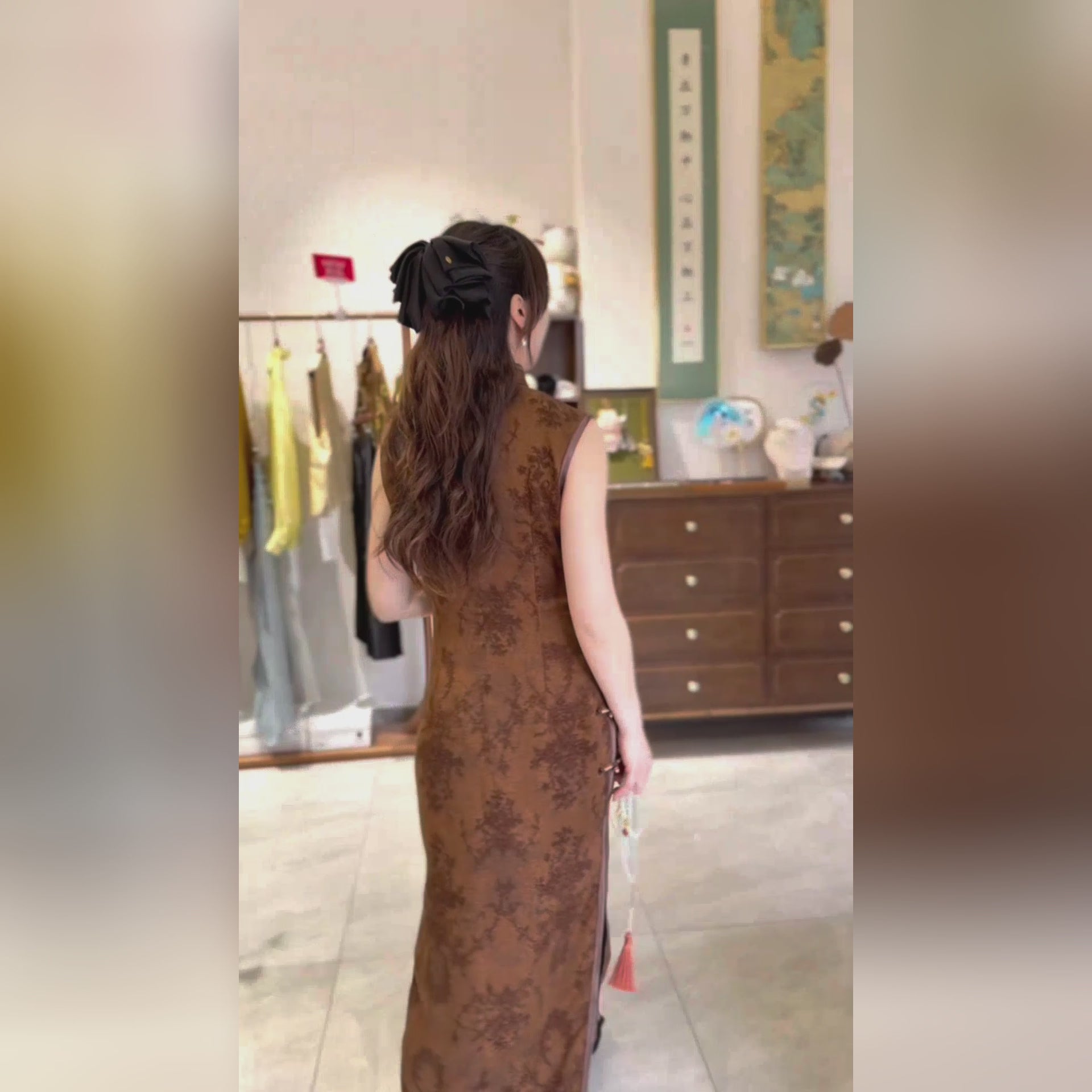 Vintage Brown Xiangyunsha Sleeveless Qipao Dress by LUXE ORIENTA 2
