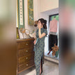 Blue-gray polka-dot retro long cheongsam