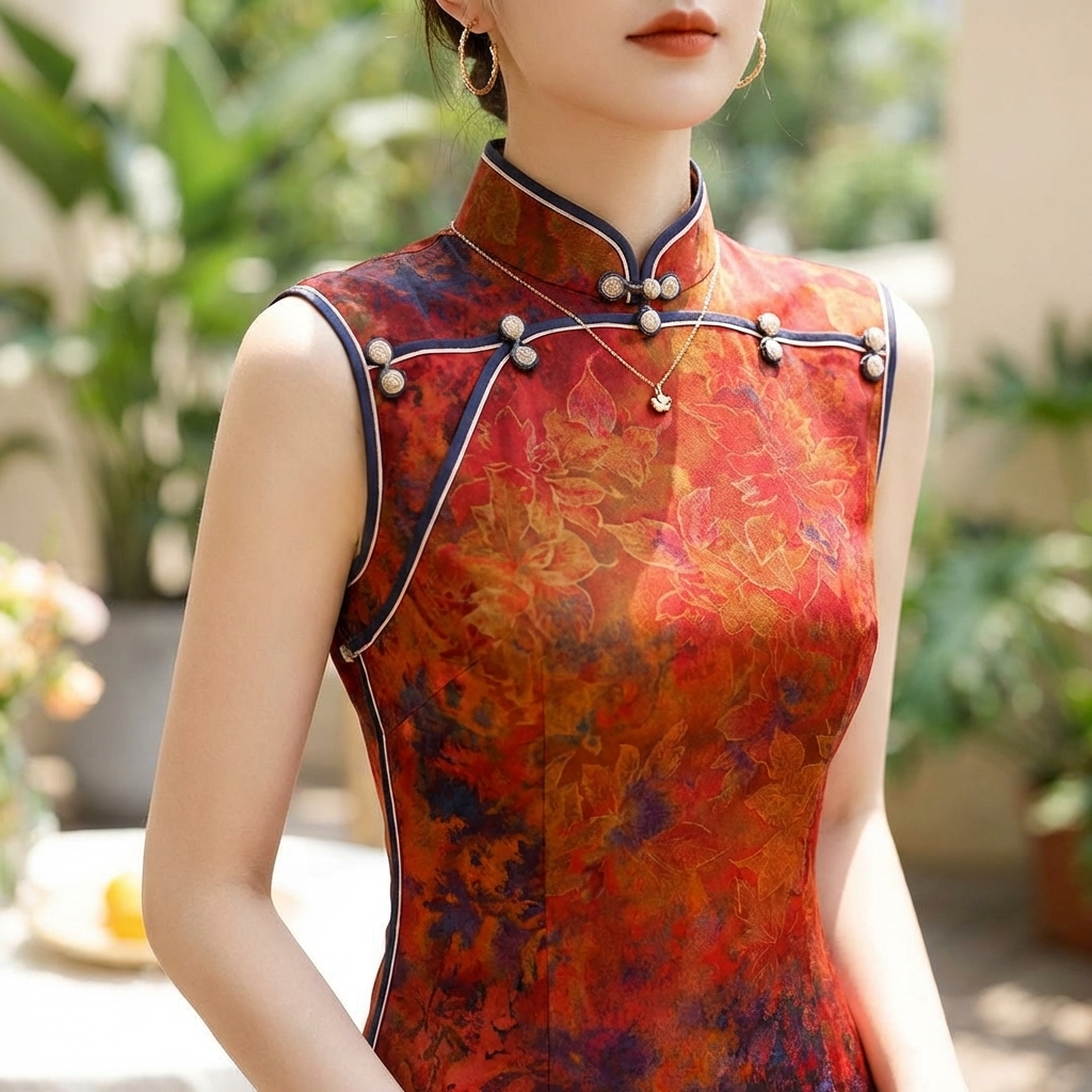 Lady wearing  a Red floral  Qipao dress with intricate details from Luxe Orienta