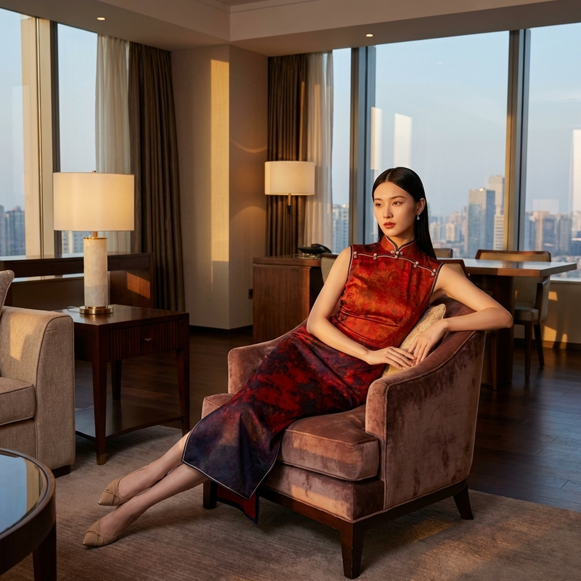 Woman in a red cheongsam sitting on a chair in a room with large windows and cityscape view.