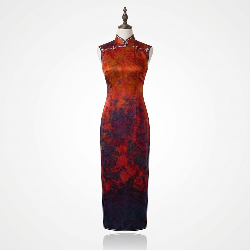 Red and Purple patterned  Qipao dress on a mannequin -Luxe Orienta