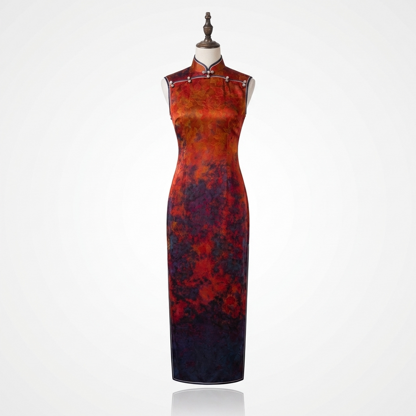 Red and Purple patterned  Qipao dress on a mannequin -Luxe Orienta