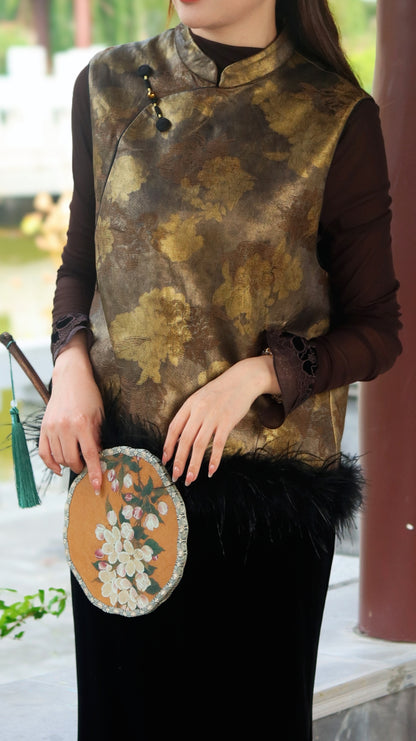 Vintage Tone Printed Vest with Ostrich Feather Trim – Elegant Oriental Statement by LUXE ORIENTA - Luxe Orienta CO., LIMITED