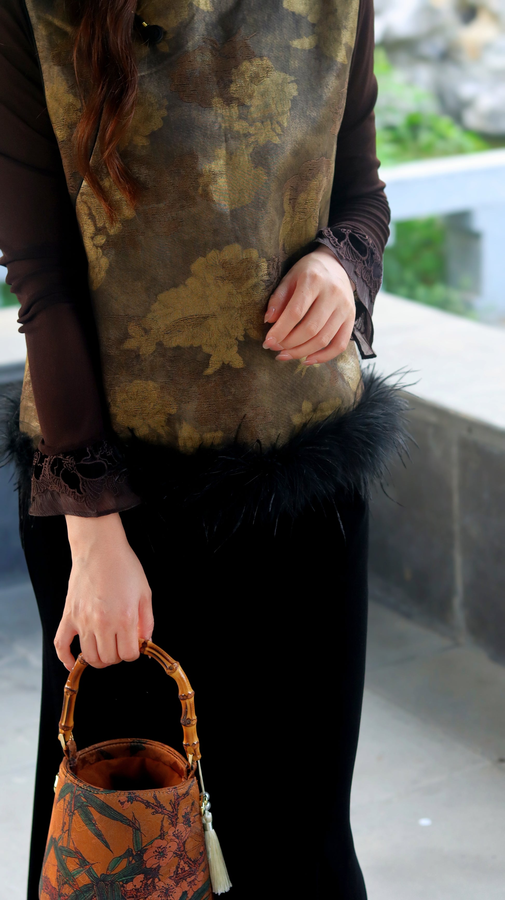 Vintage Tone Printed Vest with Ostrich Feather Trim – Elegant Oriental Statement by LUXE ORIENTA - Luxe Orienta CO., LIMITED