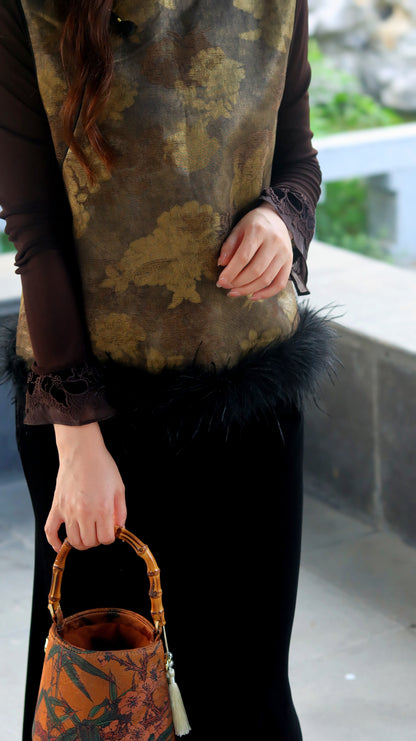 Vintage Tone Printed Vest with Ostrich Feather Trim – Elegant Oriental Statement by LUXE ORIENTA - Luxe Orienta CO., LIMITED