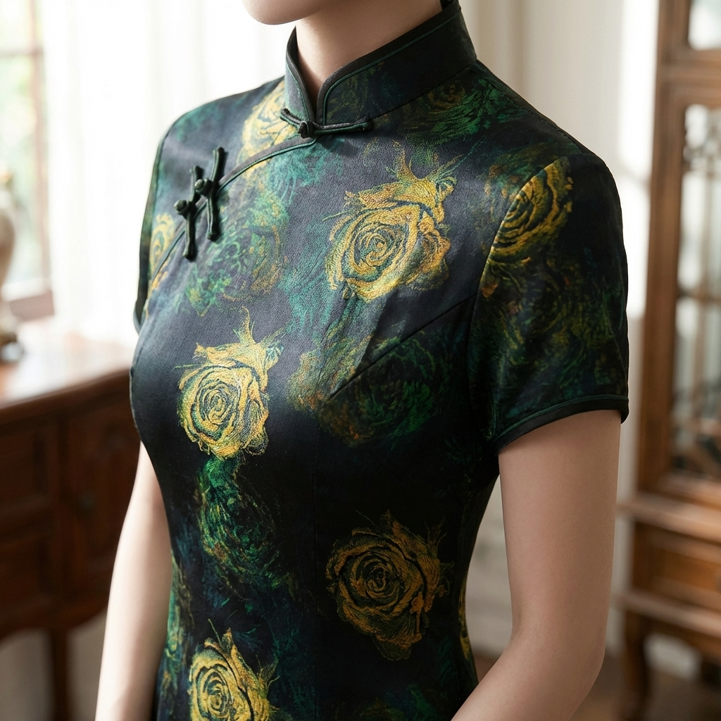 Gold Rose Printing Detail of Mulberry Silk Xiangyunsha Black Qipao Dress  | LUXE ORIENTA